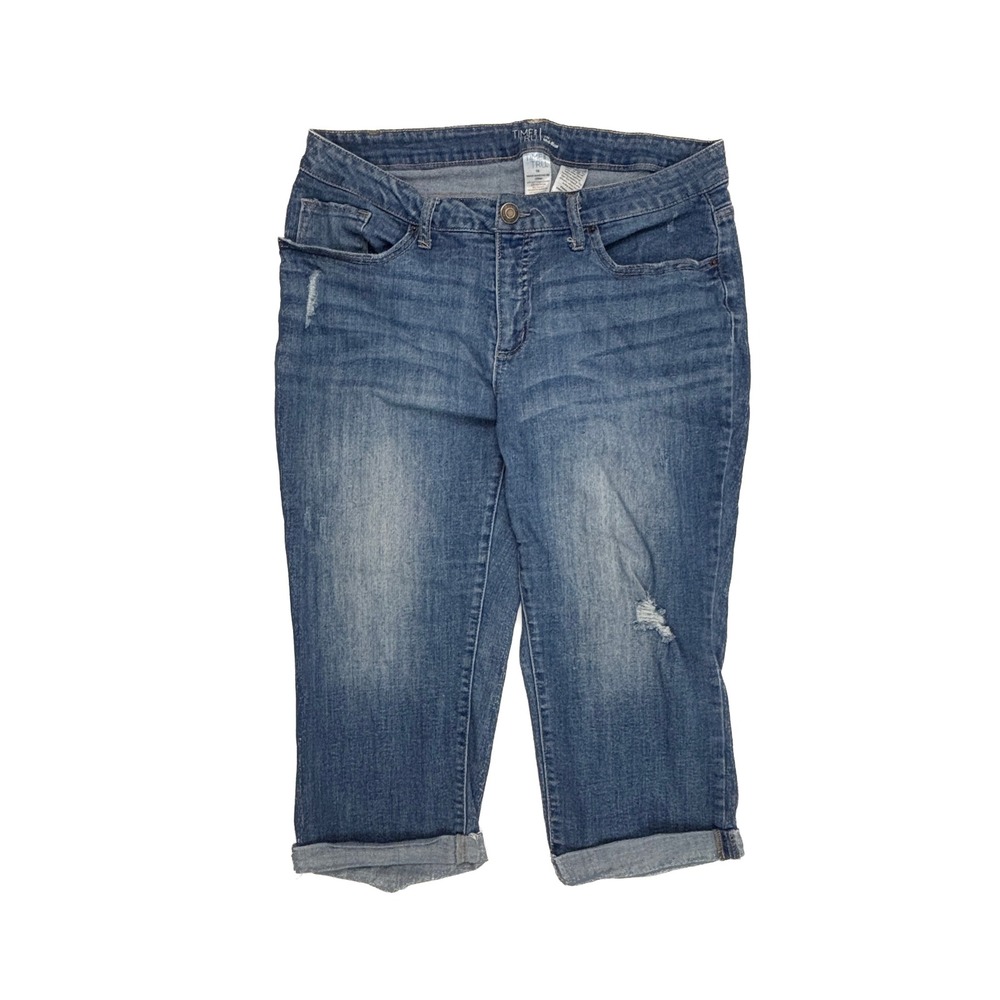 Time and Tru Crop Jeans Womens 16 Dark Blue Distressed Cuffed Mid-Rise
